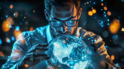 Young caucasian male innovator analyzing digital globe with futuristic network interface