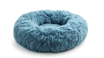 "A cozy, soft round plush pet bed isolated on a white background, designed for ultimate comfort and relaxation, perfect for pets seeking a comfortable and stylish resting space."

