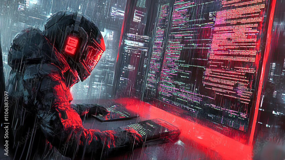 Poster futuristic hacker in neon lab with data screens amidst digital rain