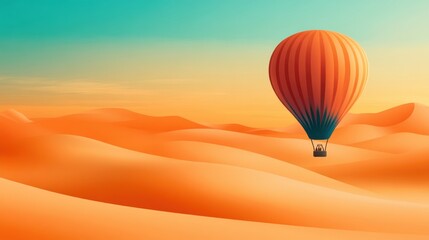 A vibrant hot air balloon drifts over serene desert dunes at sunset, AI