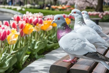 Obraz premium White fan-tailed pigeons on a park bench, with blooming tulips lining the garden pathway.