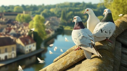 White homing pigeons perched on a rooftop overlooking a scenic European village.
