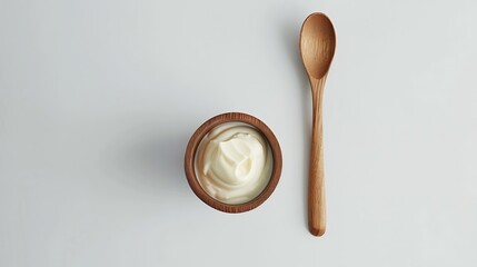 "A spoon with creamy yogurt placed on a clean white background, emphasizing its smooth texture and freshness, perfect for food photography, healthy eating, and dairy product styling."

