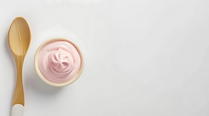 "A spoon with creamy yogurt placed on a clean white background, emphasizing its smooth texture and freshness, perfect for food photography, healthy eating, and dairy product styling."

