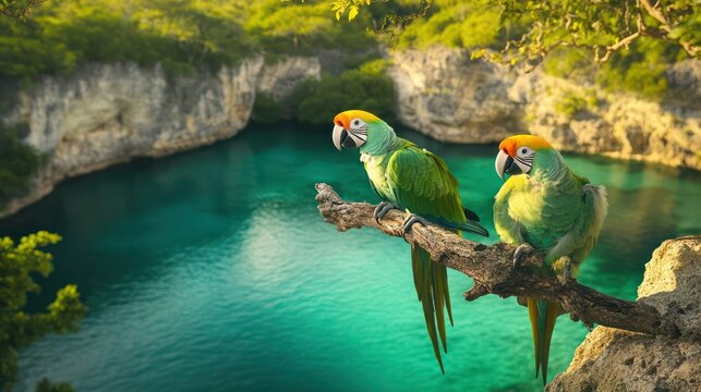 Yellow-naped Amazon parrots on a branch above a turquoise lagoon, with cliffs and trees around.