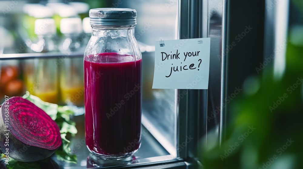 Poster a glass jar filled with vibrant red juice sits inside a refrigerator, accompanied by a note asking i