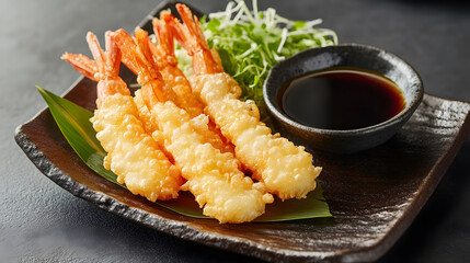A platter of golden shrimp tempura served with soy dipping sauce and garnished with greens.