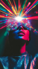 Vibrant disco light reflection on female with futuristic mirror glasses