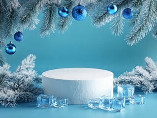 White oval podium with blue baubles, ice cubes, fir branches and snow dusted surface. Festive Christmas display on pastel blue background. Elegant holiday composition.