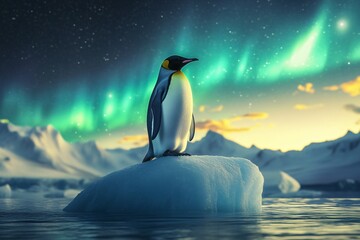 Obraz premium A lone emperor penguin standing confidently on an iceberg shaped like an upward arrow, glowing aurora in the sky, hyper-detailed feathers, cinematic lighting, ultra-realistic close-up 2