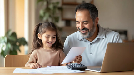 Obraz premium Happy Hispanic Dad and Daughter Counting Expenses at Home