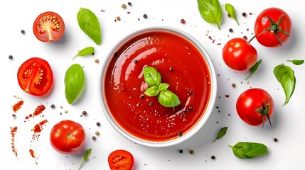 "Delicious tomato ketchup served in a bowl, isolated on a clean white background, highlighting its rich red color and smooth texture, perfect for food photography and culinary use."

