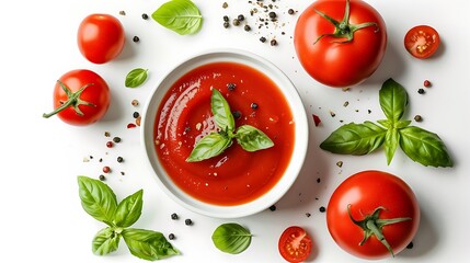"Delicious tomato ketchup served in a bowl, isolated on a clean white background, highlighting its rich red color and smooth texture, perfect for food photography and culinary use."

