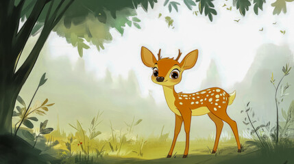 Young deer standing in enchanted forest glade with sunlight
