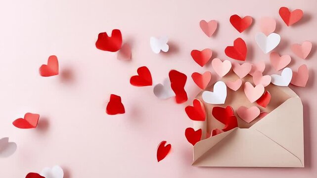 letter envelope with papier origami heart shaped confetti on pastel background. Festive romantic and love concept. Valentines or anniversary day background for greeting card, banner with copy space 
