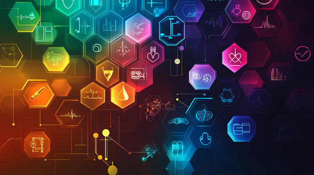 Vibrant prismatic hexagonal backdrop in a spectrum of colors featuring a collage of healthcare related icons and symbols conveying a sense of innovation discovery. Prismatic. Illustration
