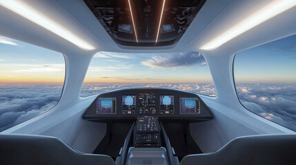 Futuristic airplane cockpit with touchscreen displays at sunset above clouds