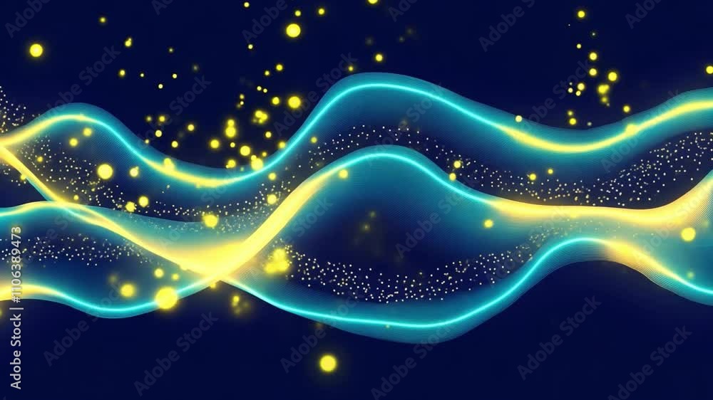 Poster dynamic abstract waves with glowing particles in vibrant colors and flowing movement