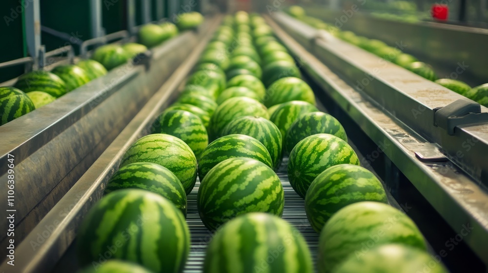 Aufkleber watermelons are lined up on a conveyor belt in a processing facility where they are being sorted for
