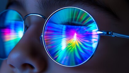Close Up Reflection Of Bright Colorful Lights, Spectrum On Fashion Sunglasses Of A Person