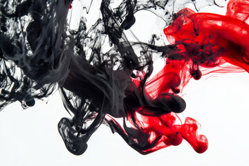 Abstract liquid ink texture, bold swirling patterns of black and red, dramatic and dynamic
