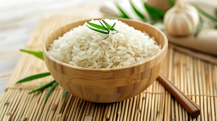 "A simple, clean image of white rice placed on a pure white background, emphasizing the natural texture and purity of the rice, ideal for food photography and culinary uses."

