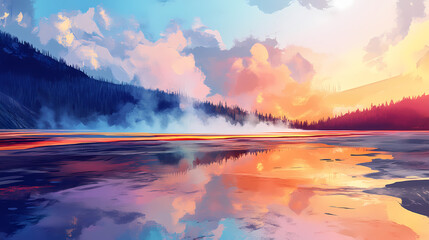 Vivid colors of grand prismatic spring: a breathtaking natural phenomenon in yellowstone national park. Prismatic. Illustration