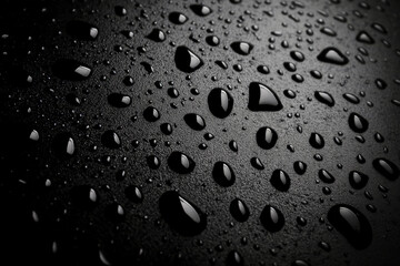 Abstract water droplet texture on a black surface, dynamic reflections and rounded highlights, modern and striking