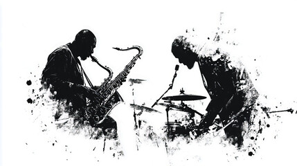 Silhouette jazz band with african musicians performing on saxophone and drums