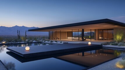 Fototapeta premium Modern desert house with infinity pool and mountain view at dusk.