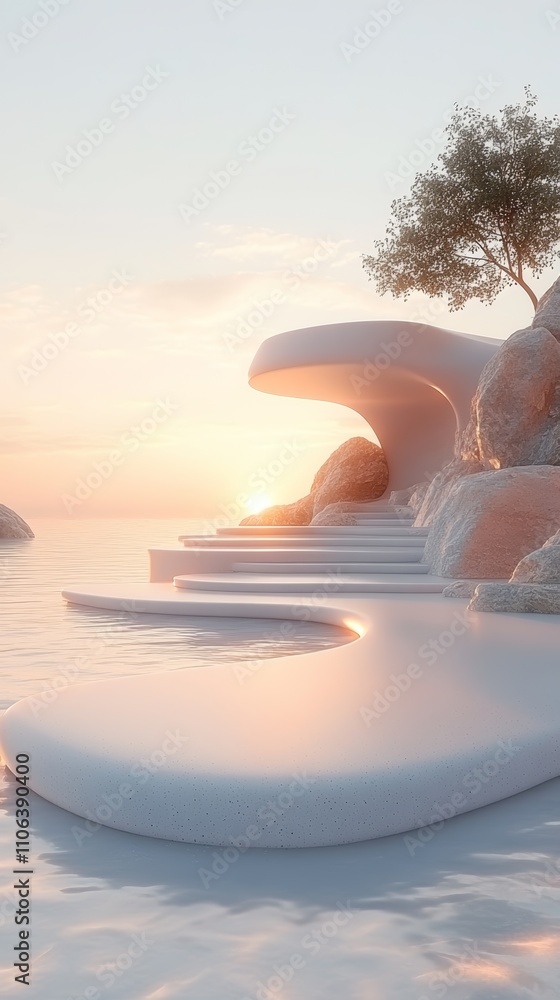 Poster modern minimalist architecture built into a cliff overlooking the ocean at sunset.