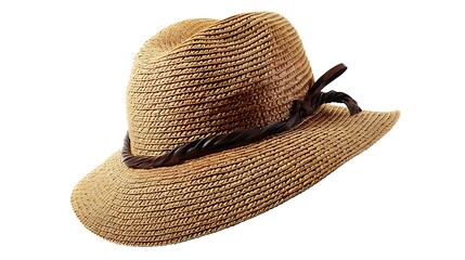 "A stylish women's straw hat isolated on a white background, showcasing its elegant design, perfect for summer fashion, beach trips, and sun protection with a timeless, natural look."

