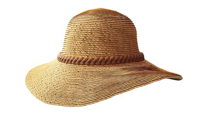 "A stylish women's straw hat isolated on a white background, showcasing its elegant design, perfect for summer fashion, beach trips, and sun protection with a timeless, natural look."

