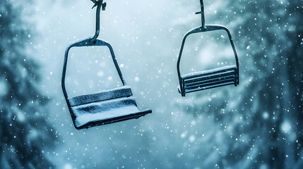 A ski lift chair dangling above a snow-covered slope with no riders in sight during a storm.