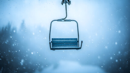 A ski lift chair dangling above a snow-covered slope with no riders in sight during a storm.