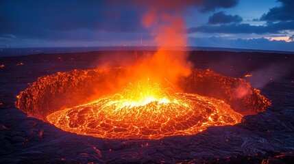 Molten lava erupts from a volcanic crater, glowing brightly against the dark sky.