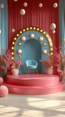 Fototapeta premium Pink and blue stage with a blue chair and flowers.