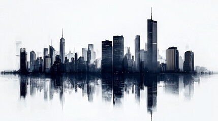 Fototapeta premium Modern city skyline with reflective water in monochrome