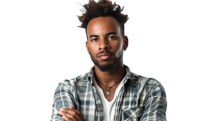 "A confident, young, handsome Black man with crossed arms, looking forward with a strong, focused expression, exuding self-assurance and charisma in a professional or casual setting."

