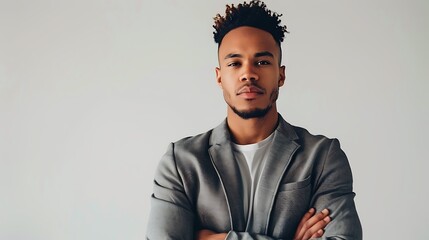 "A confident, young, handsome Black man with crossed arms, looking forward with a strong, focused expression, exuding self-assurance and charisma in a professional or casual setting."

