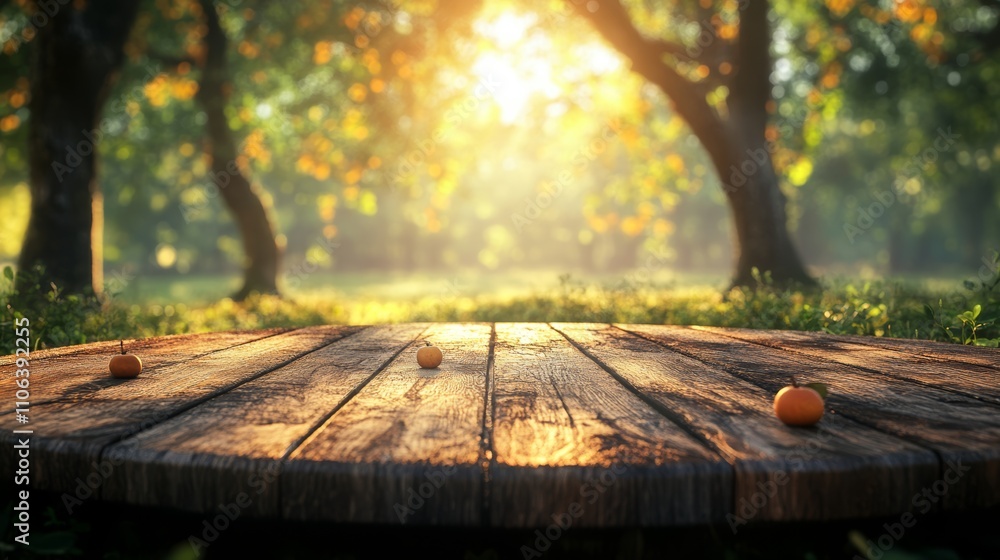 Poster rustic wooden table with a blurred background of a forest and sunrays.