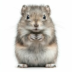 Fototapeta premium Fluffy rodent sits, paws together, white background.