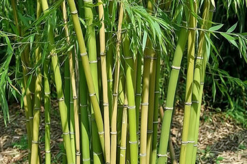 Textured bamboo forest close-up, intricate green stems with visible natural lines and soft light shadows