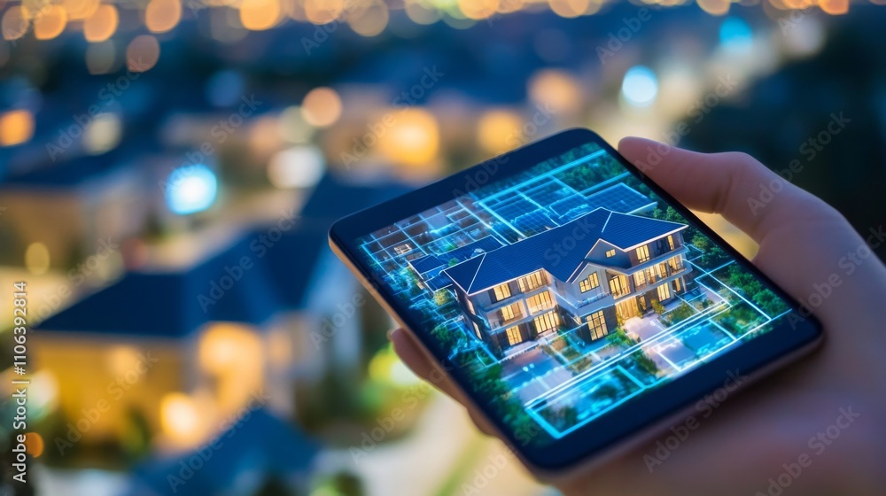 Poster a person holds a smartphone displaying a digital model of a property, showcasing advanced real estat