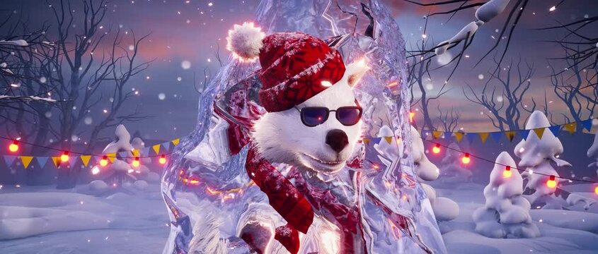 Frozen Christmas bear. Funny polar bear dance in the winter festive background. Animated video for greeting cards, festive events, and New Year's parties.