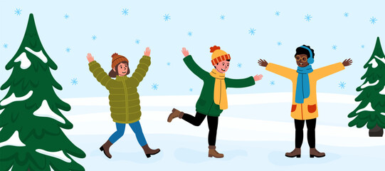 Friends having fun in the snow during a winter day with snowflakes falling