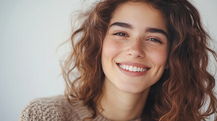 Naklejka premium Smiling young caucasian female with curly hair in sweater