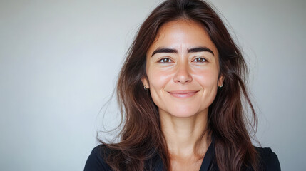 Fototapeta premium Confident young hispanic female with long brown hair smiling