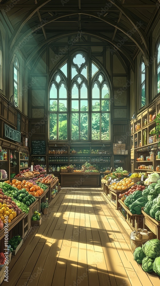 Aufkleber sunlight streams through a large window in a quaint, wooden-floored grocery store, illuminating rows