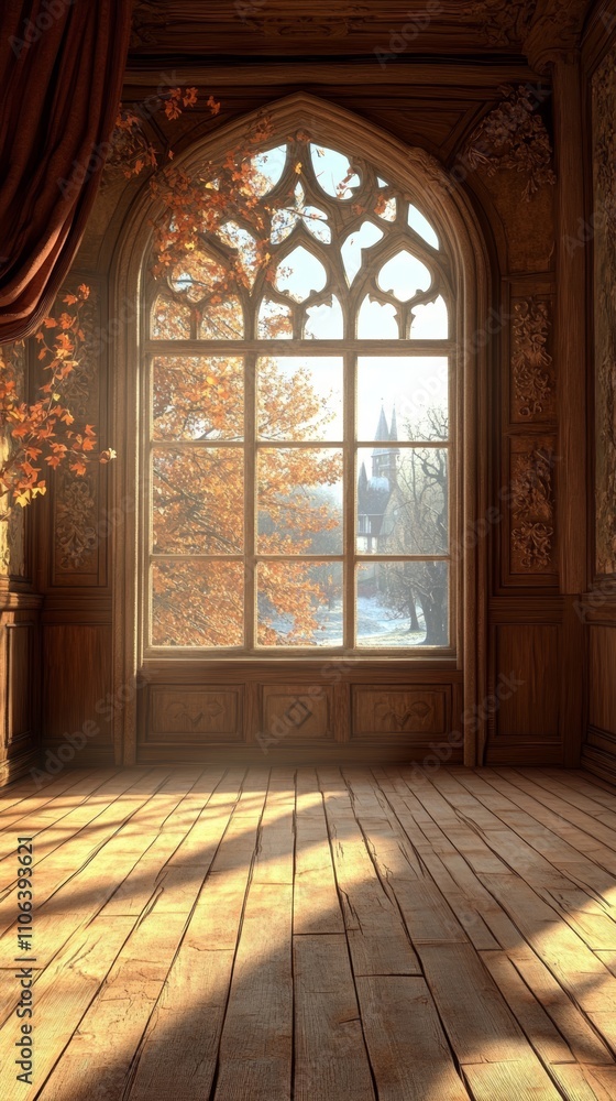 Poster sunlight streams through a large arched window in an empty room with wooden floors and a view of a f